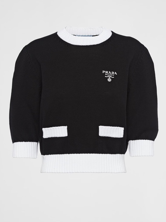 Prada Sweaters - Prada Black Crewneck Sweater with White Trim and Logo